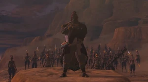 Ganondorf standing before the Gerudo Tribe.