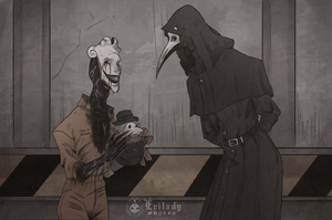 SCP-035 showing SCP-049 a plague doctor plushie.