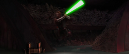 Skywalker, calling upon the Force, leaped into the path of Dooku's lightsaber, blocking it with his own, saving his Master's life in the process.