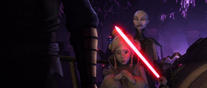 While the tram makes its journey back to the elevator station, Ventress continues to hold Pluma hostage.