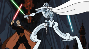 Dooku blocks Grievous' green lightsaber.