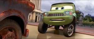 "Stay away!" - Axlerod angrily ordering Mater to stay back, thus starting to reveal more his true nature.