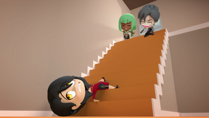 Mercury laughs as Cinder falls down stairs.