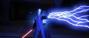 Dooku electrifies the approaching clones with Sith lightning.