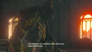 Ganondorf bowing before Rauru, a reference to his original counterpart in Ocarina of Time.