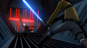 Kanan readies to take on the Inquisitor who does the splits.