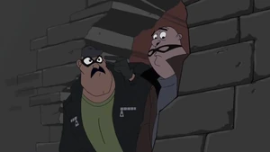 One of the thugs reminding the other to put his mask on.