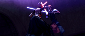 Anakin and Asajj locked in a blade-lock in the execution pit.
