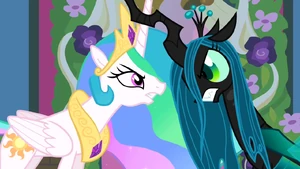 Celestia furiously confronts Chrysalis for making her and everyone else deceive Twilight.