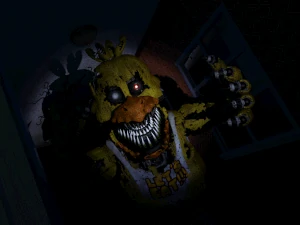 Nightmare Chica Jumpscare 1.gif (6.2 MB) Nightmare Chica jumpscaring the player at the right hallway.
