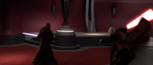 Sidious unleashed a rapid series of fruitless attacks against Windu, back-flipping onto his dais.