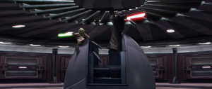 Sidious and Yoda engaged in a fierce duel that soon continued into the central auditorium of the Senate Building.