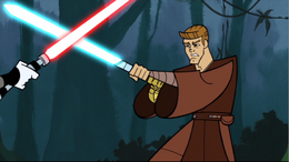 Skywalker and Ventress cross blades in the jungle.