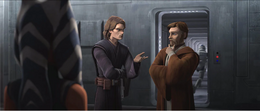 When Skywalker asks about Supreme Chancellor Palpatine, Kenobi says that Shaak Ti has been sent to protect him but that Jedi Master Mace Windu has lost contact with her but reassures Skywalker that their fleet can be there in an hour but Tano is upset and thinks that the Jedi are going to abandon Bo-Katan and her people.