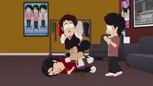 Mickey Mouse assaulting the Jonas Brother.