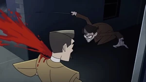 Vincent killing a news anchor by cutting his throat.