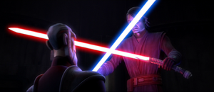 Skywalker recovers Dooku's dropped lightsaber and uses his lightsaber to scissor his neck.