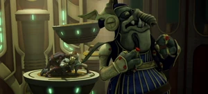 Savage Force choking Katuunko as he grapples with Anakin and Obi-Wan.