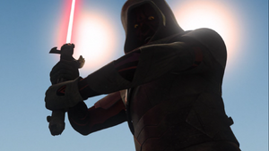 Maul appears as an apparition and charges at Ezra to strike him.