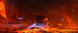 Vader leaps onto a Mustafar Panning Droid in the lava river.