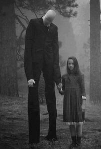 Slender Man holding a little girl's hand.