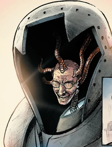 Bruce's severed head inside his armor.