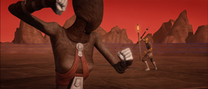 Ventress readies herself as an armed Nightbrother faces her.