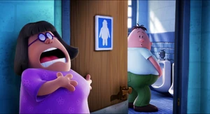 Mr. Krupp in a men's bathroom just as he notices Edith walking in.