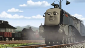 Spencer's evil grin, as he appears in CGI in the special, Hero of the Rails.