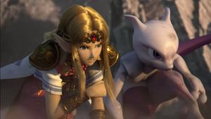 Mewtwo and Princess Zelda getting up after being knocked away by Galeem moments before Sephiroth appears in the latter's reveal trailer.