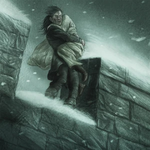 Theon is carrying Jeyne as the prepare to jump off the battlements to escape Ramsay's fury.