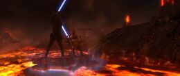 As they locked blades, the platform neared the shore, allowing Kenobi to disengage and leap to the higher ground.