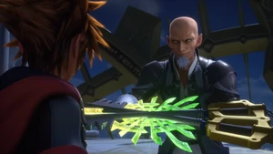 Xehanort hands Sora the χ-Blade.
