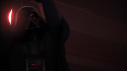After a brief verbal exchange, Vader raises his ignited lightsaber.