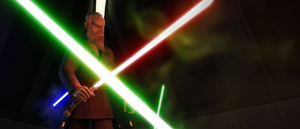 Karis lands behind Dooku and activates her lightsaber while Ventress and Naa'leth point their blades at him.