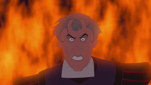 Frollo's breakdown, as he loses his sanity over Quasimodo smashing his carriage with a large wooden beam