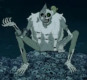 The Lich sitting upon the skulls of the many people he had massacred.