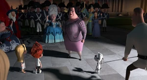 Grunion protesting to everyone, even the historical figures, that even though they rallied to defend Peabody they cannot change the law, until Penny brings George Washington forward.