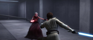 Obi-Wan Kenobi rushes toward Ventress.