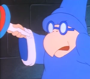 "Taste this, lizard lips!", Wizenheimer shooting magic at Yoshi.