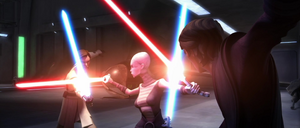 Ventress duels Skywalker and Kenobi alone aboard the Separatist command ship.