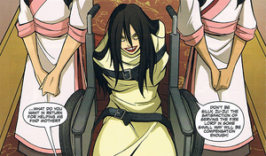 An unhinged Azula confined in a straitjacket at the mental institution.