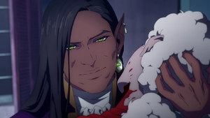 Olrox sucking the blood of an aristocrat, stating that he prefers his blood "blue".
