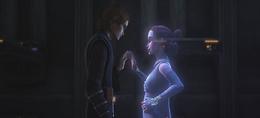 Once in private, Anakin puts a holoprojector on the floor and contacts his wife, Padmé Amidala telling her he is worried that Rex is letting his personal feelings drive him too much on the mission but she offers words of wisdom before bidding farewell they say they love each other.