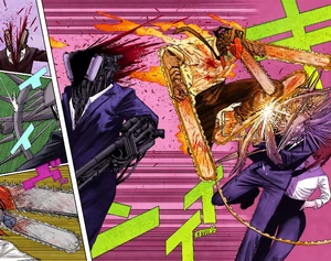 "Denji" fighting the Weapon Hybrids.