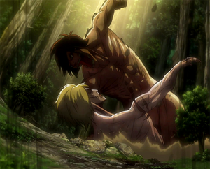 Eren (in his titan form) fighting with Female Titan