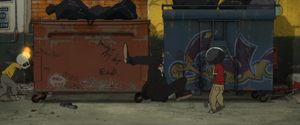 Crocodile's first defeat when Vinz and Angelino crush him between two dumpsters.