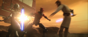 Maul charged at Kenobi and Adi Gallia with a few saber strikes.
