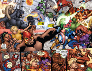 The zombified heroes and villains attacking Speedball and his group.