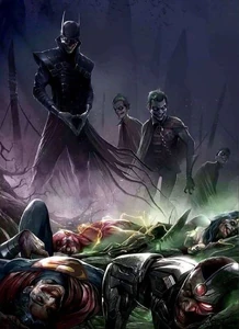 The Batman Who Laughs looking over a Jokerized Justice League.